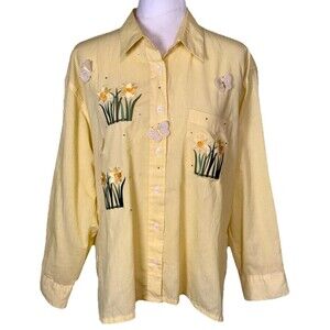 Vintage Mili Designs Women’s Cottagecore Yellow Gingham Daffodils Butterflies Lg